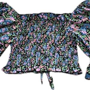 Nasty Gal | Floral Smocked Cropped Ruched Top with Off-Shoulder Puff Sleeves | L
